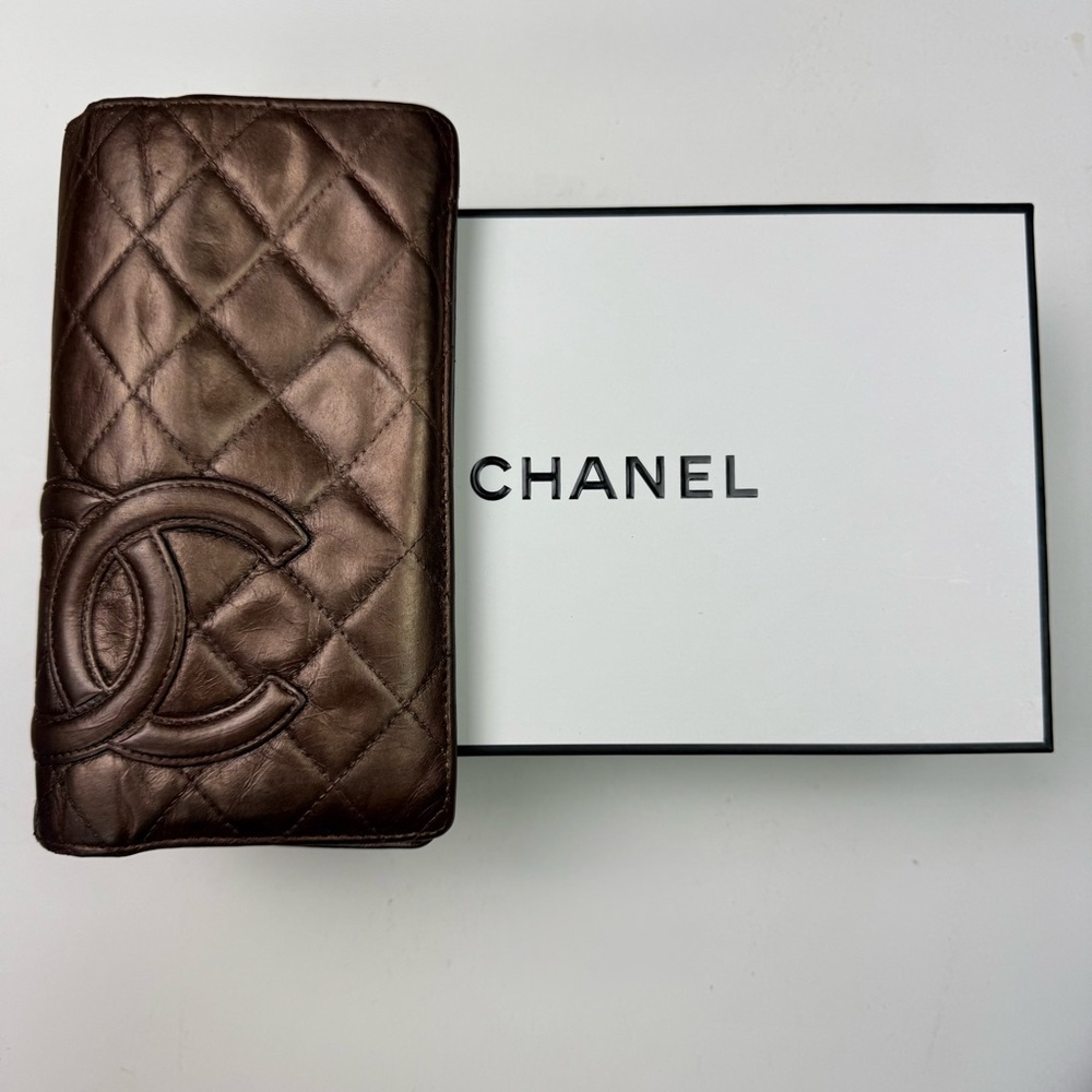 CHANEL Cambon Quilted Metallic Bronze Leather Bi-Fold Long Wallet
